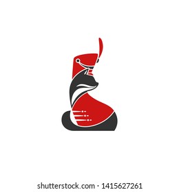 Black Hussar cat with red shako cap and red dolman. Original logo concept isolated on white. Creative label isolated on white. Fairy tale character, holiday toy. Pet shop.  Vector line illustration. 