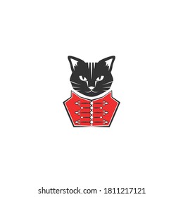 Black Hussar cat with red shako cap and red dolman. Original logo concept isolated on white.