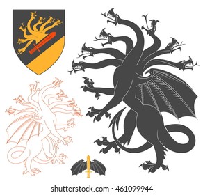 Black Hydra Illustration For Heraldry Or Tattoo Design Isolated On White Background. Heraldic Symbols And Elements