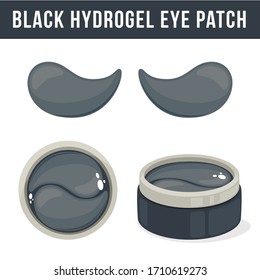 Black hydrogel eye patches. Cosmetic collagen eye patches. Pot with eye patches for beauty and skin care. Vector