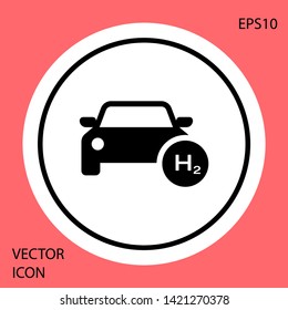 Black Hydrogen car icon isolated on red background. H2 station sign. Hydrogen fuel cell car eco environment friendly zero emission. White circle button. Vector Illustration