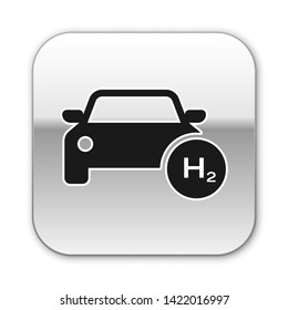 Black Hydrogen car icon isolated on white background. H2 station sign. Hydrogen fuel cell car eco environment friendly zero emission. Silver square button. Vector Illustration