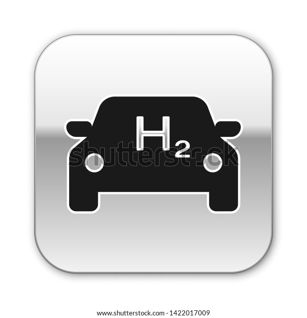 Black Hydrogen\
car icon isolated on white background. H2 station sign. Hydrogen\
fuel cell car eco environment friendly zero emission. Silver square\
button. Vector\
Illustration