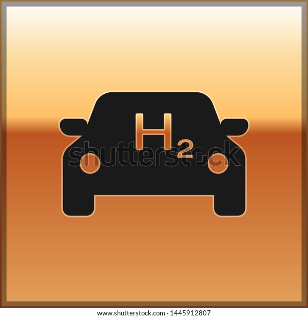 Black Hydrogen car icon isolated on\
gold background. H2 station sign. Hydrogen fuel cell car eco\
environment friendly zero emission. Vector\
Illustration