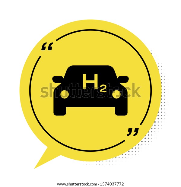 Black\
Hydrogen car icon isolated on white background. H2 station sign.\
Hydrogen fuel cell car eco environment friendly zero emission.\
Yellow speech bubble symbol. Vector\
Illustration
