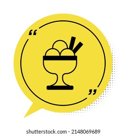 Black Ice cream in the bowl icon isolated on white background. Sweet symbol. Yellow speech bubble symbol. Vector