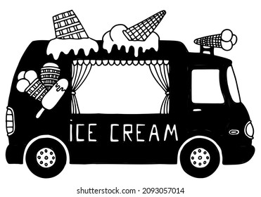 Black ice cream bus in doodle style. Hand Drawn. Icon.