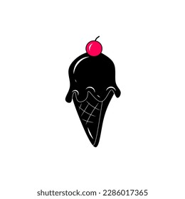Black ice cream with cherry on top, vector icon isolated on white background