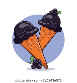 black ice cream, currant ice cream, ice cream cone icon with cartoon currant berries