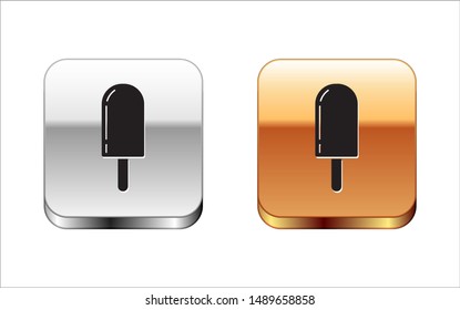 Black Ice cream icon isolated on white background. Sweet symbol. Silver-gold square button. Vector Illustration