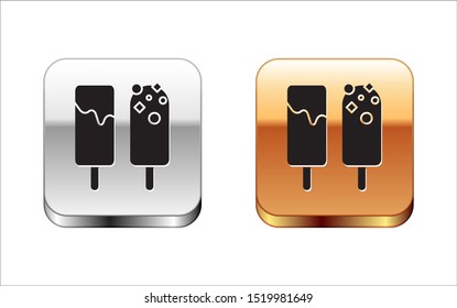 Black Ice cream icon isolated on white background. Sweet symbol. Silver-gold square button. Vector Illustration