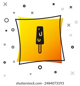 Black Ice cream on stick icon isolated on white background. Sweet symbol. Yellow square button. Vector