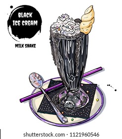 Black ice cream unicorn milk shake. Hand drawn vector illustration. Watercolor splashes, inscription. Isolated on white background. Trendy pastel goth fantasy dessert. Halloween treat.