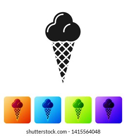 Black Ice cream in waffle cone icon isolated on white background. Sweet symbol. Set icon in color square buttons. Vector Illustration