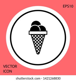 Black Ice cream in waffle cone icon isolated on red background. Sweet symbol. White circle button. Vector Illustration