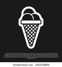Black Ice cream in waffle cone icon isolated on black background. Sweet symbol. Vector Illustration