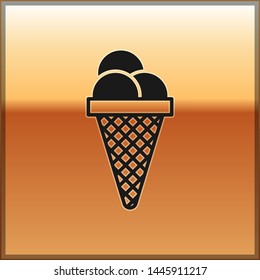 Black Ice cream in waffle cone icon isolated on gold background. Sweet symbol. Vector Illustration