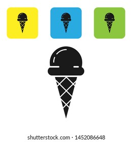 Black Ice cream in waffle cone icon isolated on white background. Sweet symbol. Set icons colorful square buttons. Vector Illustration