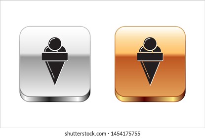 Black Ice cream in waffle cone icon isolated on white background. Sweet symbol. Silver-gold square button. Vector Illustration