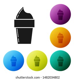 Black Ice cream in waffle cone icon isolated on white background. Sweet symbol. Set icons colorful circle buttons. Vector Illustration