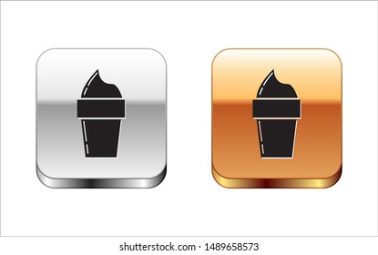 Black Ice cream in waffle cone icon isolated on white background. Sweet symbol. Silver-gold square button. Vector Illustration