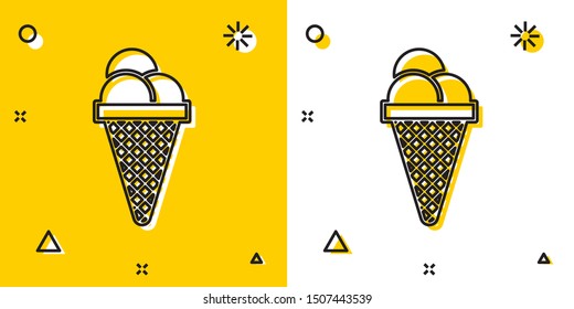 Black Ice cream in waffle cone icon isolated on yellow and white background. Sweet symbol. Random dynamic shapes. Vector Illustration