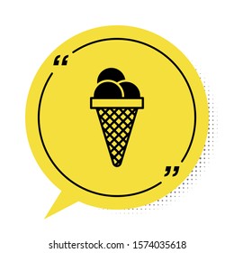 Black Ice cream in waffle cone icon isolated on white background. Sweet symbol. Yellow speech bubble symbol. Vector Illustration