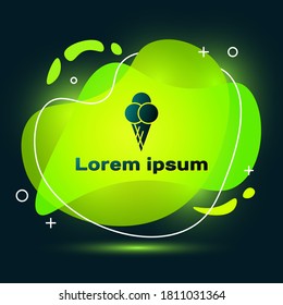 Black Ice cream in waffle cone icon isolated on black background. Sweet symbol. Abstract banner with liquid shapes. Vector Illustration