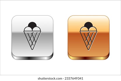 Black Ice cream in waffle cone icon isolated on white background. Sweet symbol. Silver and gold square buttons. Vector