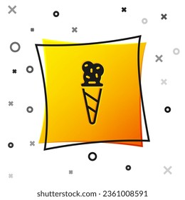 Black Ice cream in waffle cone icon isolated on white background. Sweet symbol. Yellow square button. Vector