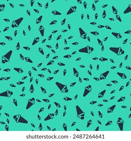 Black Ice cream in waffle cone icon isolated seamless pattern on green background. Sweet symbol.  Vector