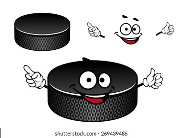 Black ice hockey puck cartoon character with recesses on the vertical edge suited for sporting mascot or team emblem design