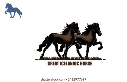 CABALLO ISLANDÉS NEGRO CAMINANDO EN LOGO AGRÍCOLA, silueta de grandes y fuertes ilustraciones vectoriales de yegua fuerte