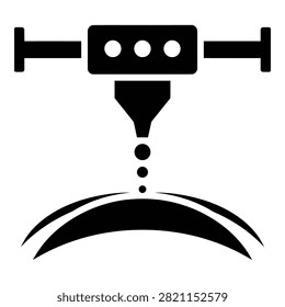 Black icon of 3D printer nozzle extruding material onto curved surface, representing additive manufacturing technology