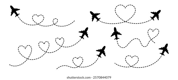 Black icon aeroplanes fly on a dashed path in the shape of hearts. Plane route in the shape of hearts. A symbol of love. Travel concept. Elements for decoration for Valentine's Day, Women's Day.