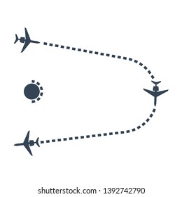 black icon airplane flying and track, aviation route