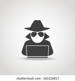 Black icon of anonymous spy agent searching on laptop.