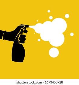 Black Icon Antiseptic Spray With White Foam. Pictogram Hands In Gloves Hold Bottle. Antibacterial Flask Kills Bacteria. Disinfectant Concept. Vector Glyph Design. Coronavirus Precaution.