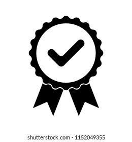 Black icon approved or certified medal. Isolated on white background. Flat design vector illustration.