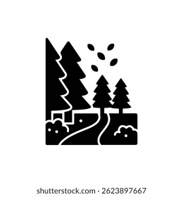 Black Icon of Autumn Forest with Path and Falling Leaves Scene