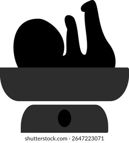 Ícone preto bebê sendo pesado em uma escala de bebê garante que o bebê está crescendo de acordo com sua idade, detectando problemas de crescimento precoce, como nanismo ou desnutrição.

