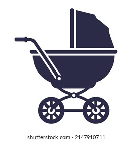 Black Icon Of Baby Stroller With Baby. Flat Vector Illustration.