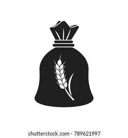 Black icon bag of grain is isolated on a white background in flat style. Vector design illustration. Closed bag with wheat spike. Brown big package with flour tied with a rope.
