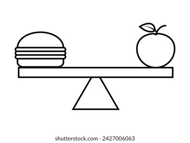 Icono negro de la dieta equilibrada entre la comida rápida y la fruta.