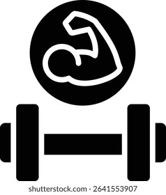Black icon with barbell and muscular arms showing the concept of physical strength, weightlifting and fitness to burn calories.