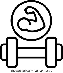 Black icon with barbell and muscular arms showing the concept of physical strength, weightlifting and fitness to burn calories.