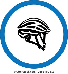 Ícone preto de capacete de bicicleta com cinta dentro de forma redonda azul, sem fundo