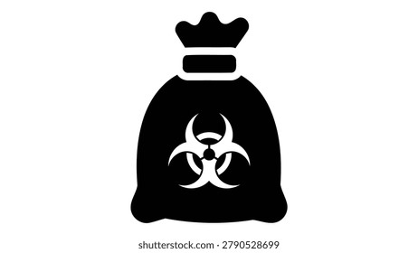 A black icon of a biohazard waste disposal bag with the biohazard symbol on it, representing safe disposal of medical and hazardous waste.