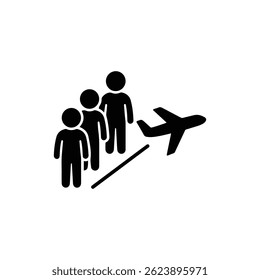 Icono negro de cola de embarque con Personas de pie en línea y símbolo de avión