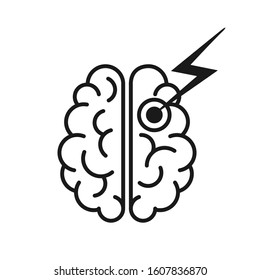 Black Icon Of Brain Stroke. The Human Cerebrum In Top View. Vector Illustration In Outline Style Is Isolated On White Background.